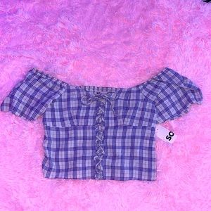 Purple & cream plaid off the shoulder crop top